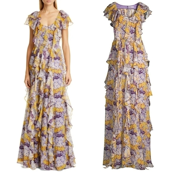 New Flor et. al Valles Floral Silk Chiffon Ruffle Lilac Gown Resort '20 4 US NWT - Picture 5 of 17